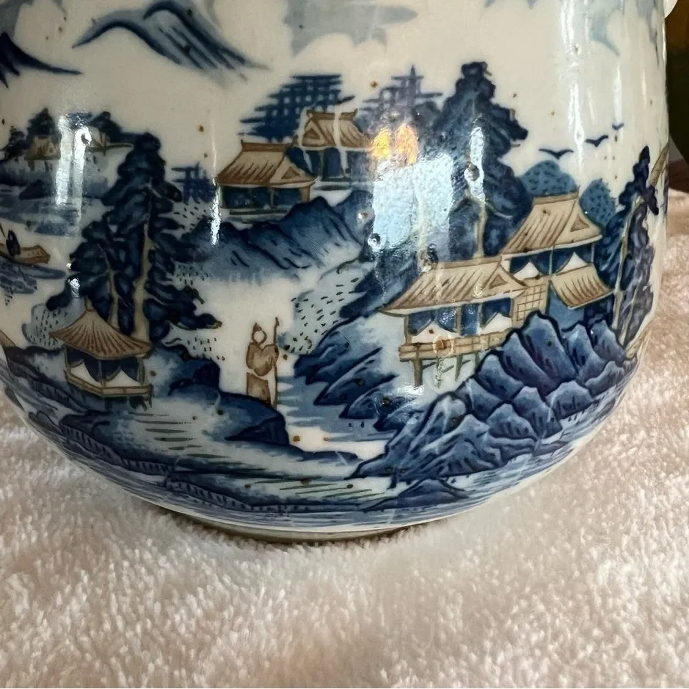 Vintage Asian Teapot Blue Scenery Bamboo Handle Stoneware Unmarked